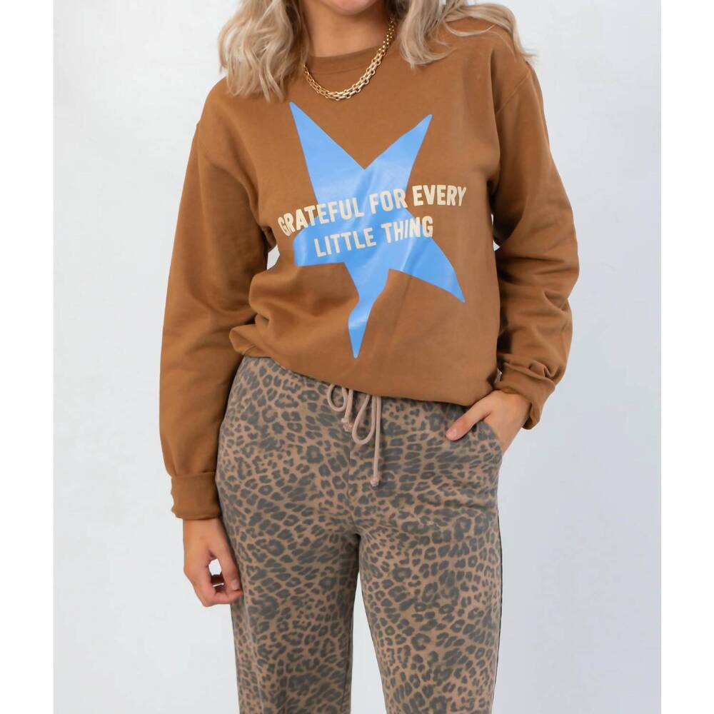 NEW POPPY & PINE grateful for everything graphic star sweatshirt in brown
